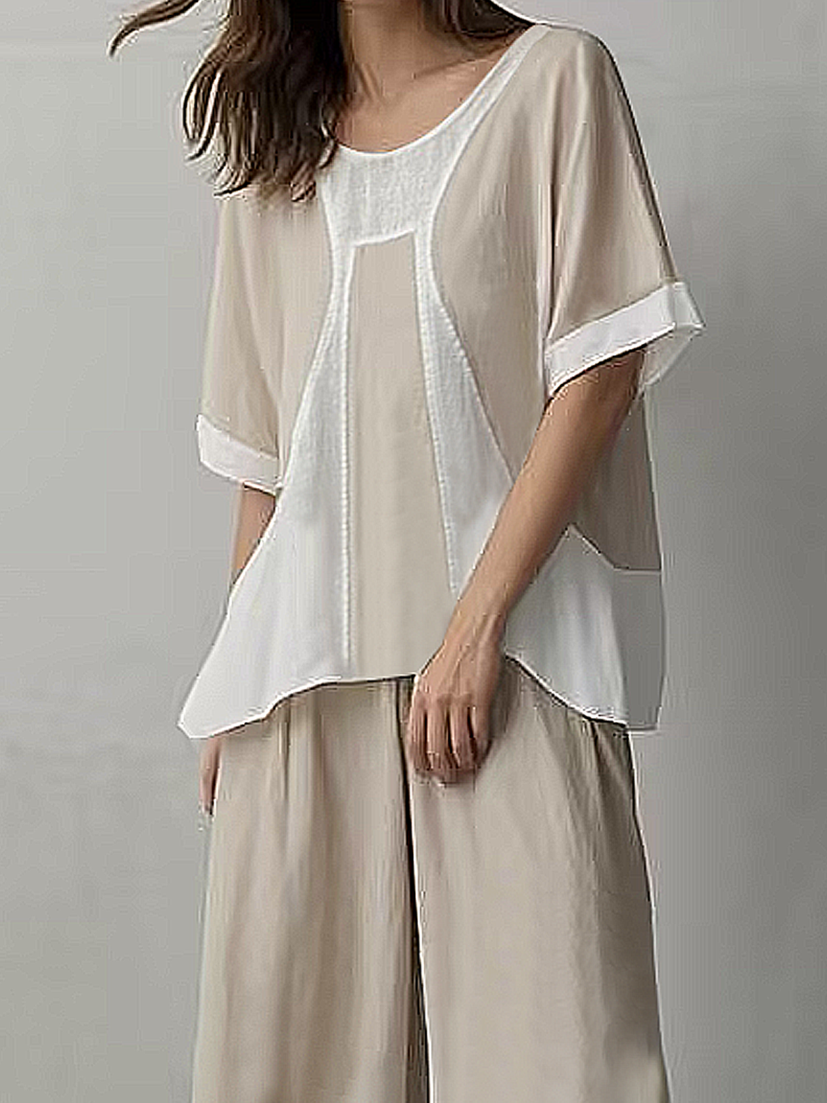 Linen Crew Neck Color Block Short Sleeve Top With Pants Two-piece Set Linen Crew Neck Color Block Short Sleeve Top With Pants Two-piece Set