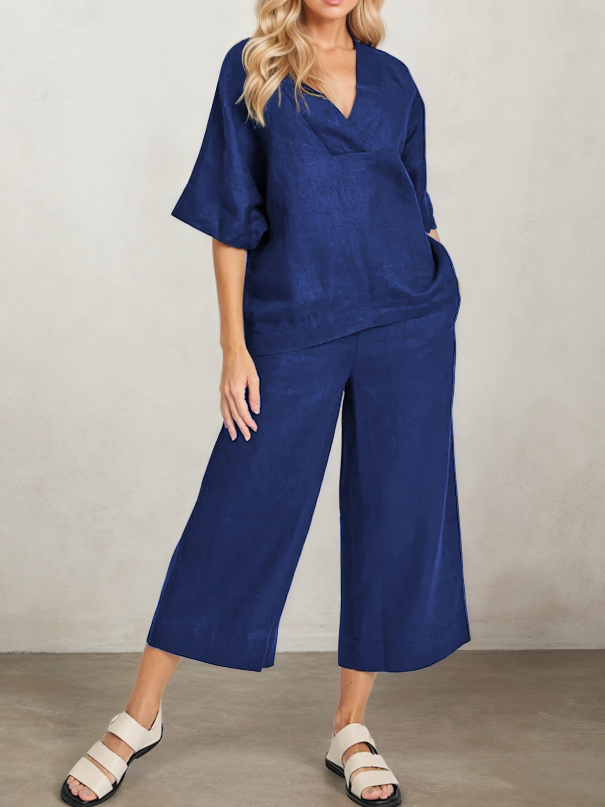 Linen V Neck Plain Short Sleeve Top With Pants Two-piece Set