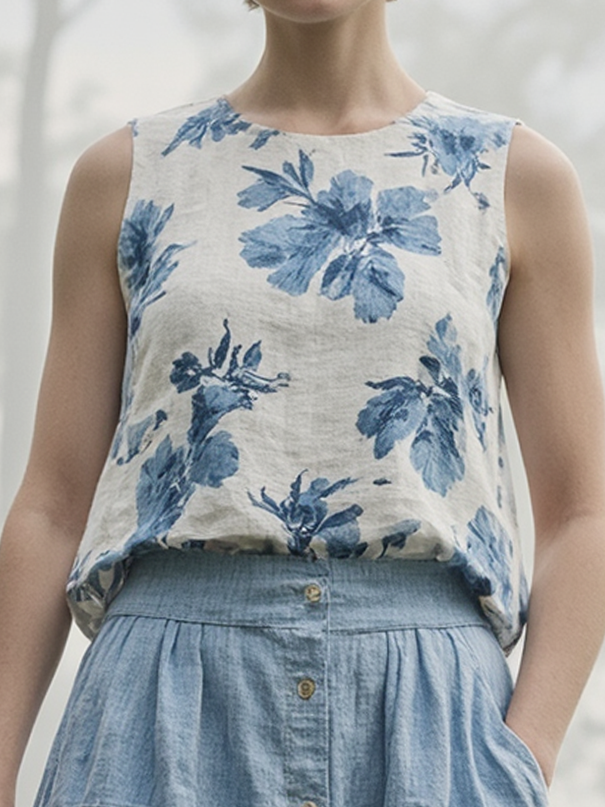Linen Crew Neck Floral Sleeveless Tank Top