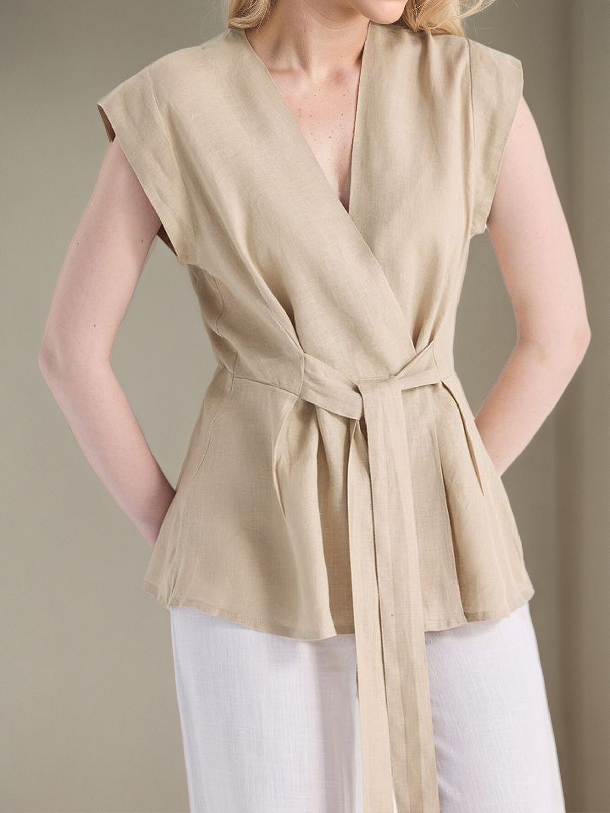 Linen V Neck Plain Cap Sleeve Blouse