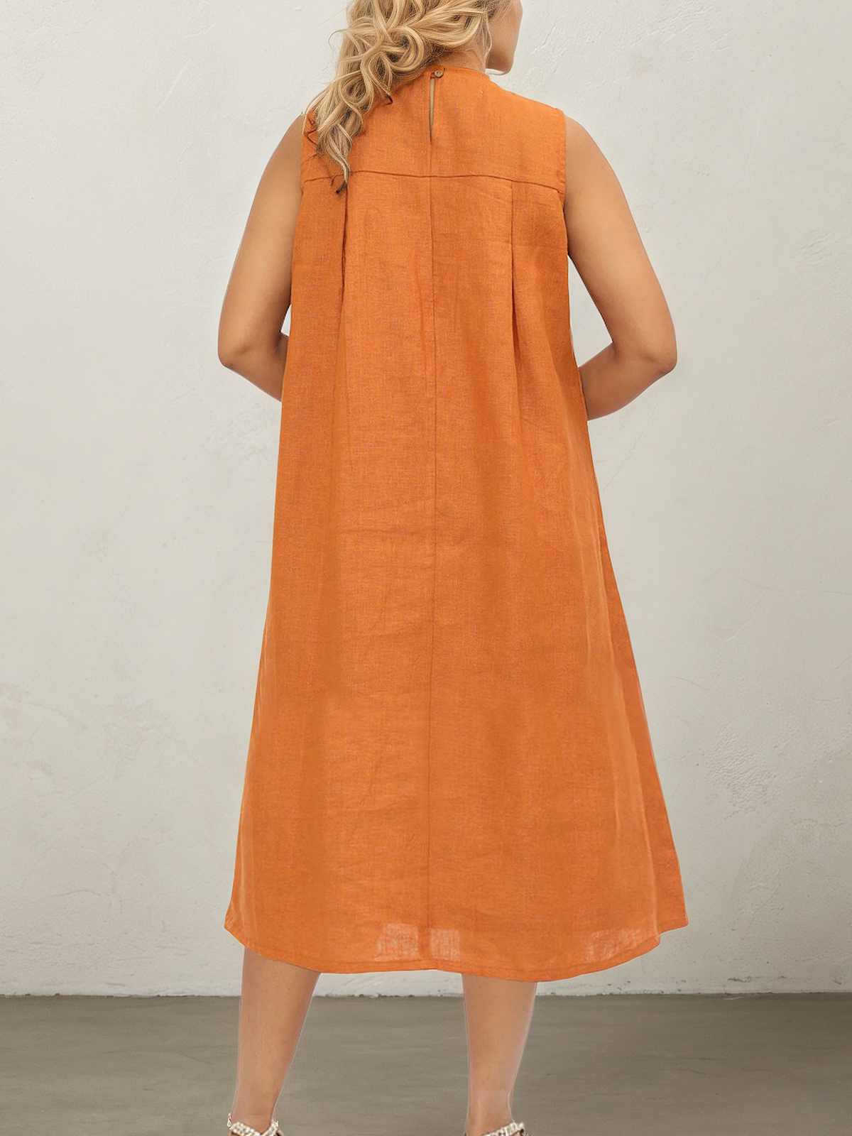 Linen Crew Neck Plain Sleeveless Midi Dress