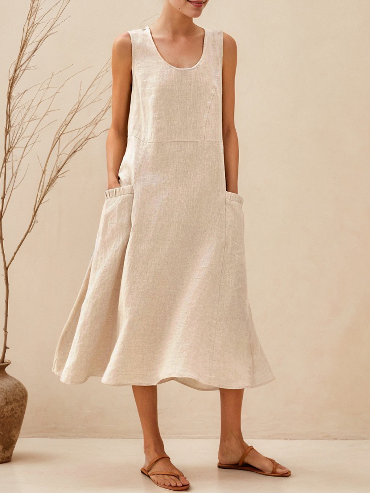 Cotton And Linen Crew Neck Plain Sleeveless Maxi Dress