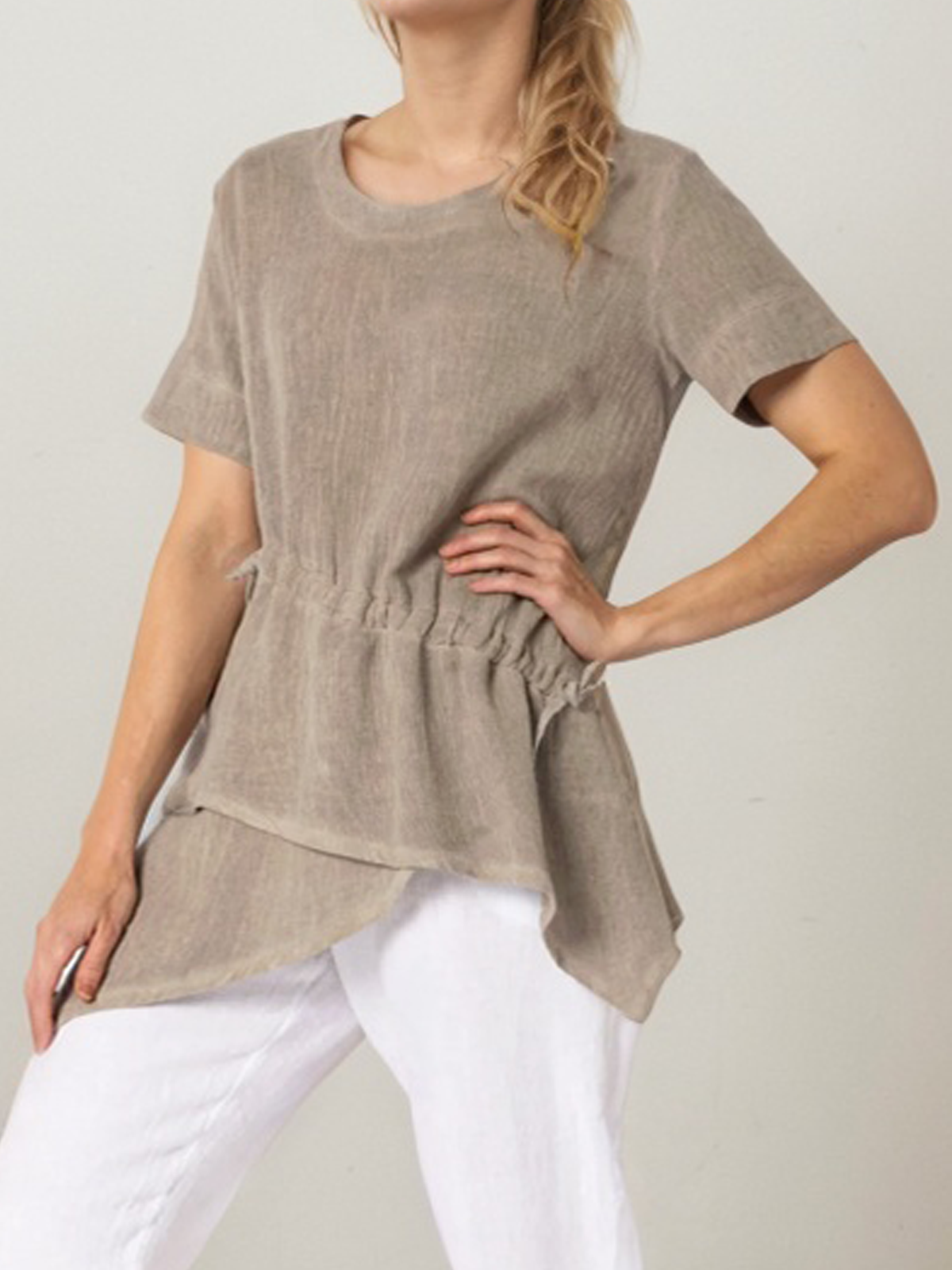 Linen Crew Neck Plain Short Sleeve Blouse