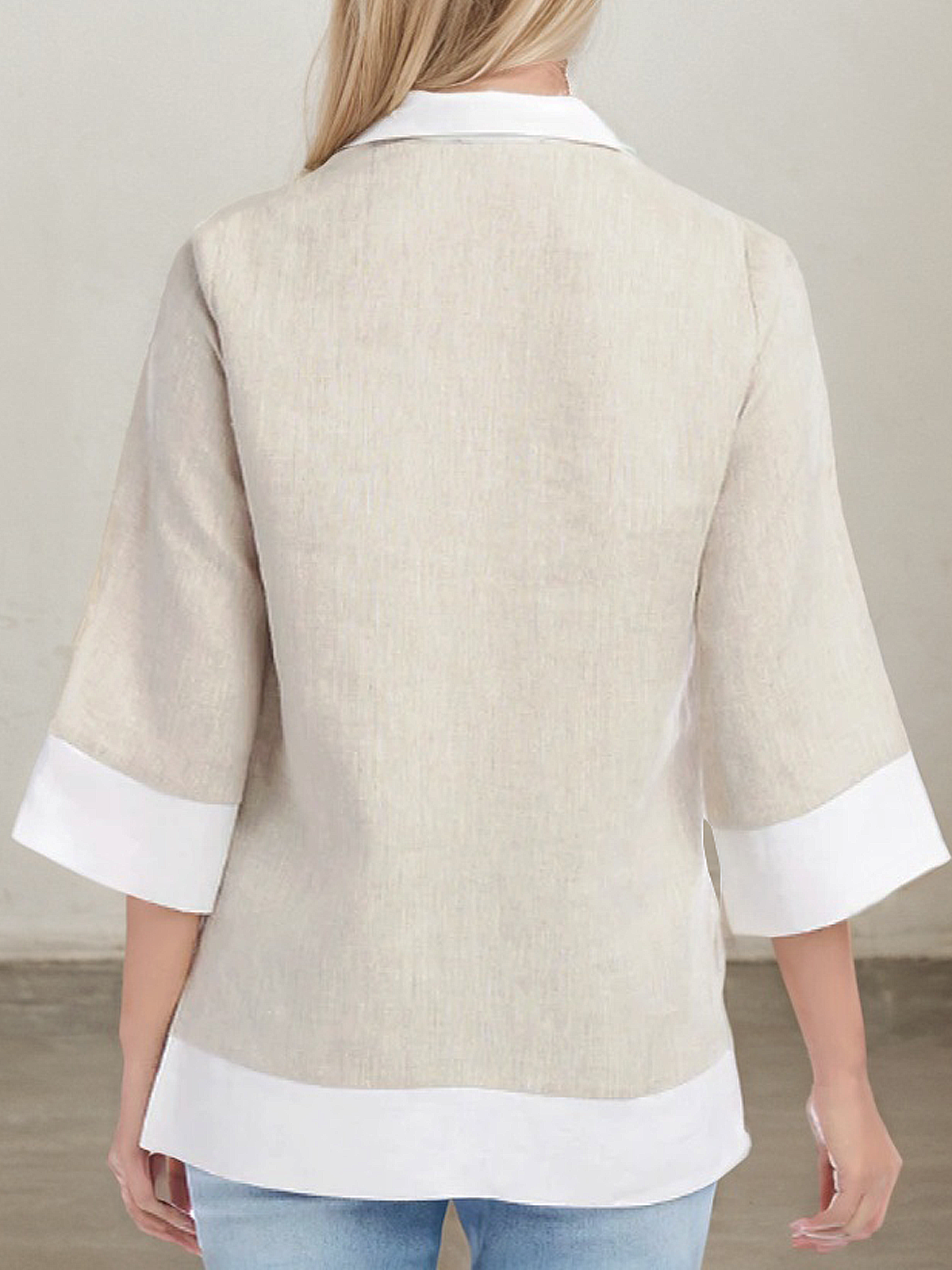 Linen Shirt Collar Color Block Three Quarter Sleeve Blouse