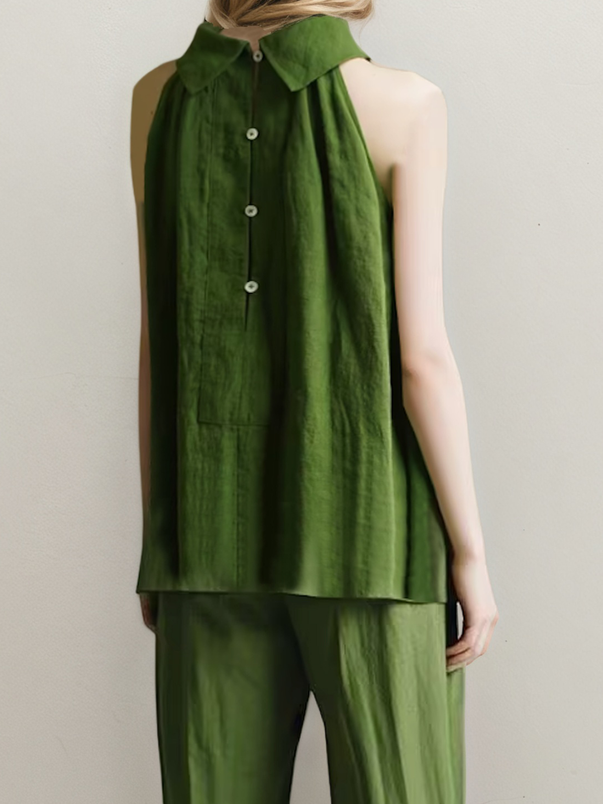 Linen Halter Plain Sleeveless Top With Pants Two-piece Set Linen Halter Plain Sleeveless Top With Pants Two-piece Set