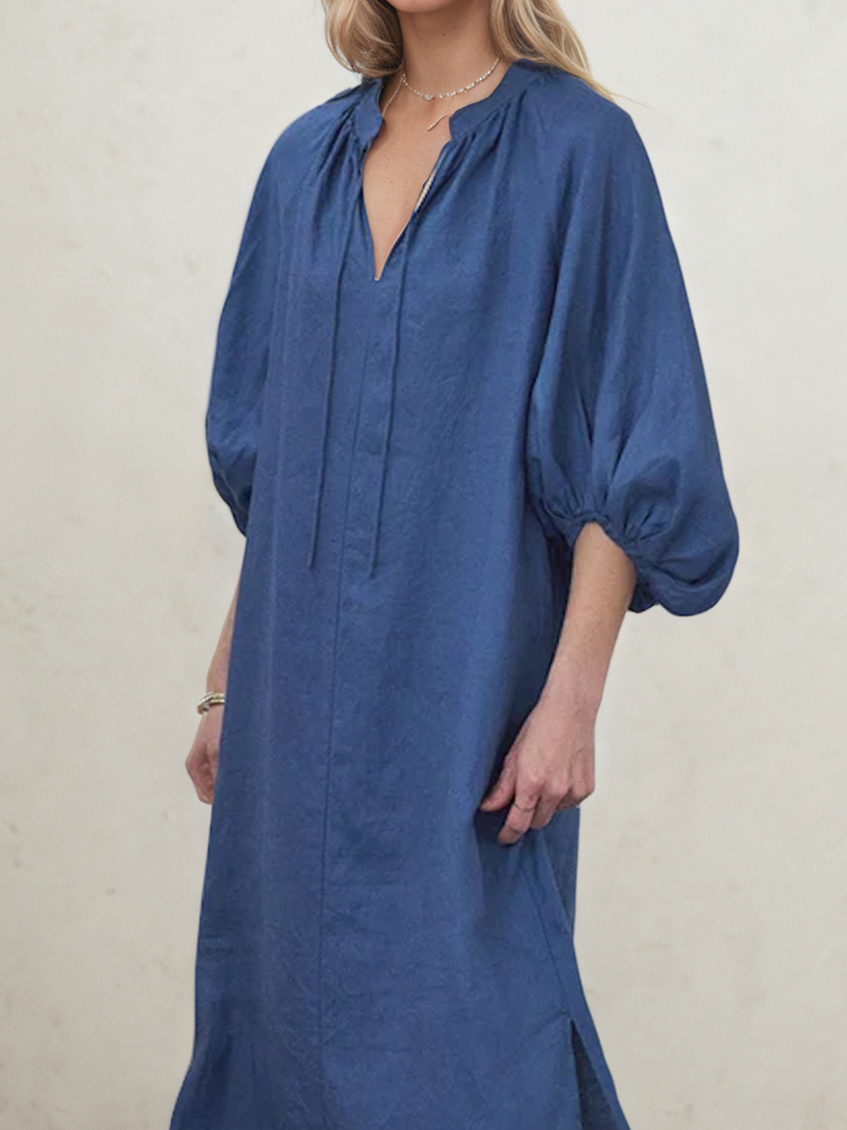 Linen Stand Collar Plain Short Sleeve Maxi Dress