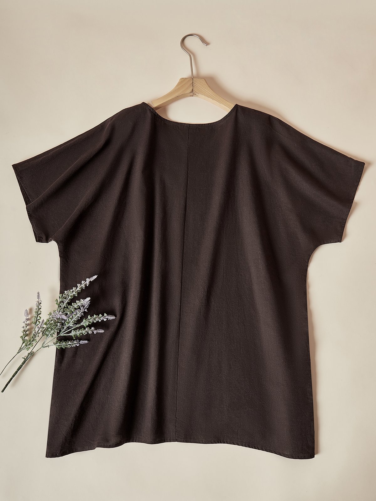 Cotton And Linen Crew Neck Plain Short Sleeve Blouse