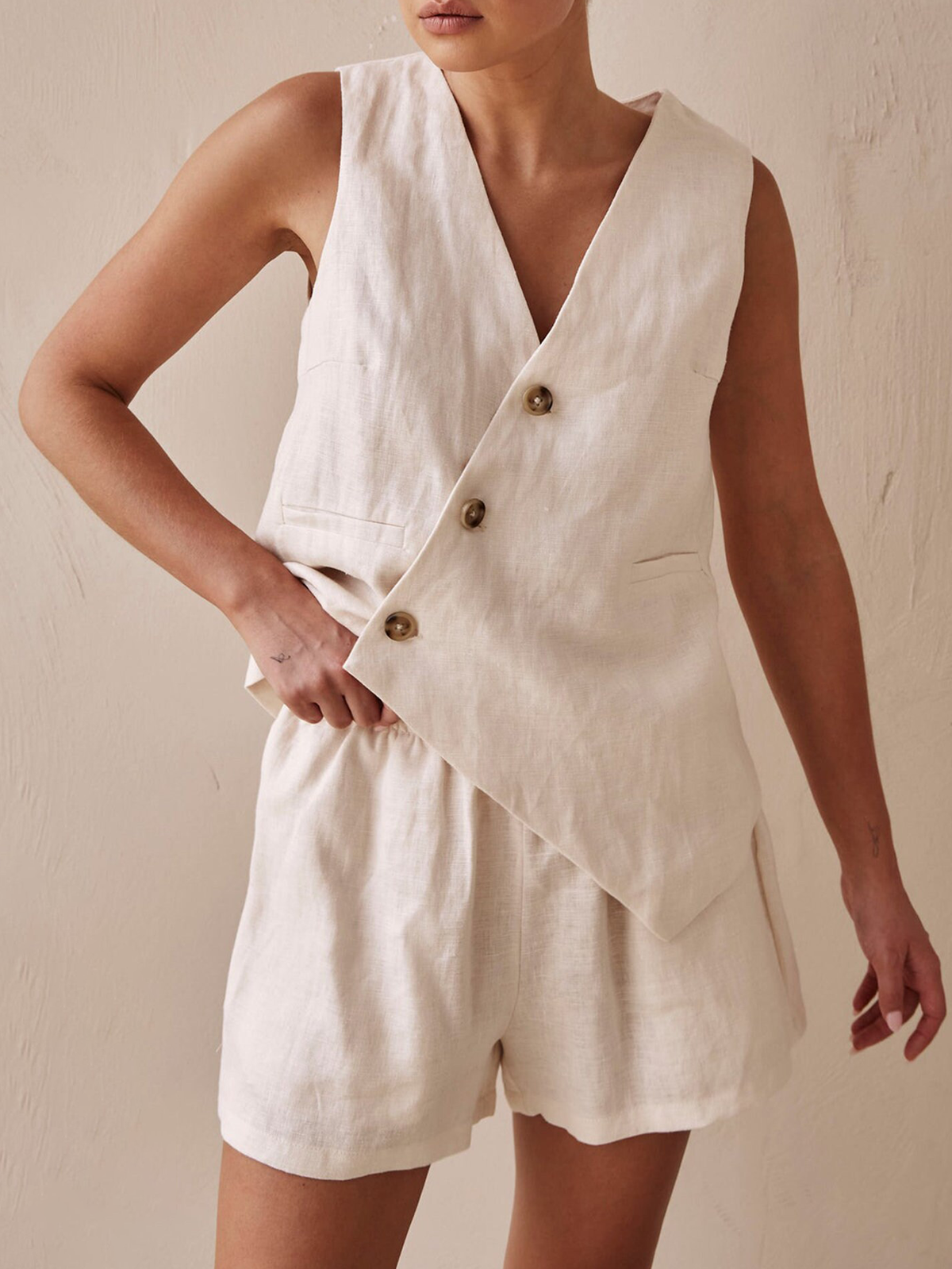Cotton And Linen V Neck Plain Button Design Sleeveless Two-piece Set Cotton And Linen V Neck Plain Button Design Sleeveless Two-piece Set