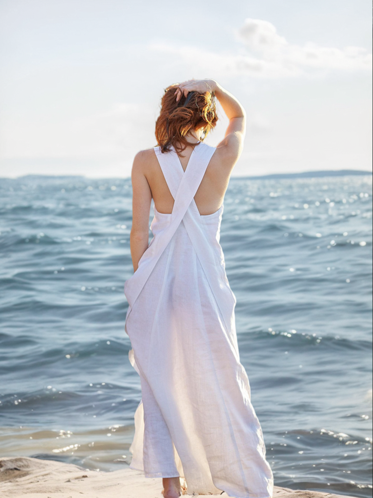 Cotton And Linen V-neck Cross Design Sleeveless Maxi Dress