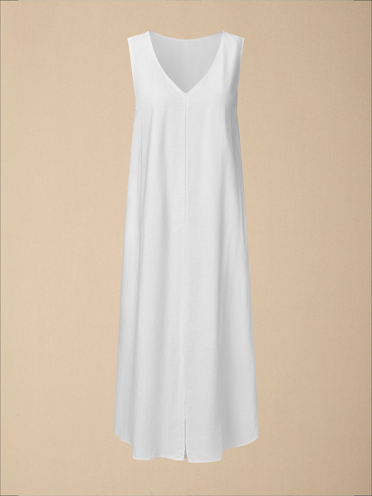 Cotton And Linen V Neck Plain Sleeveless Maxi Dress