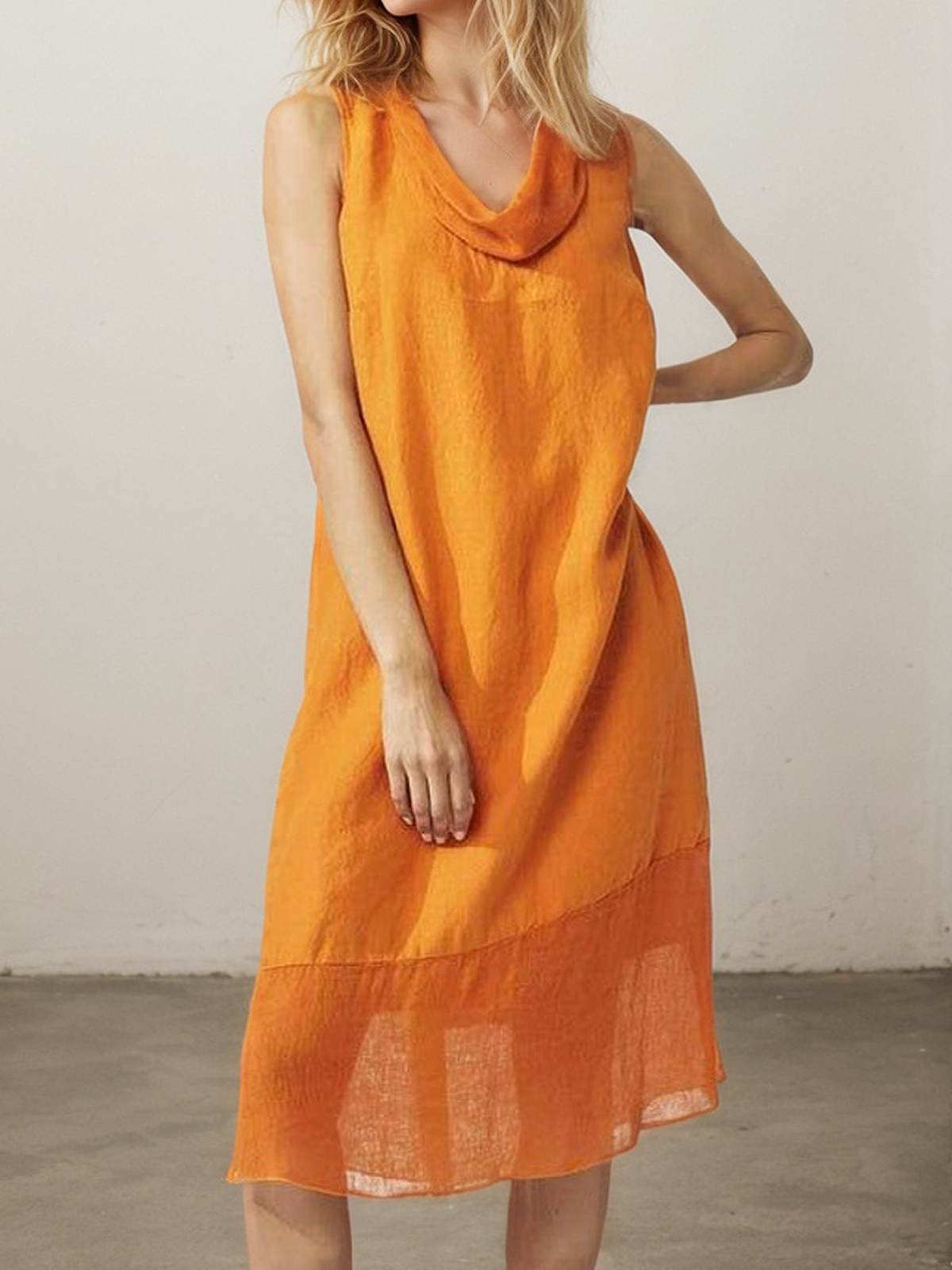 Linen Cowl Neck Plain Sleeveless Midi Dress