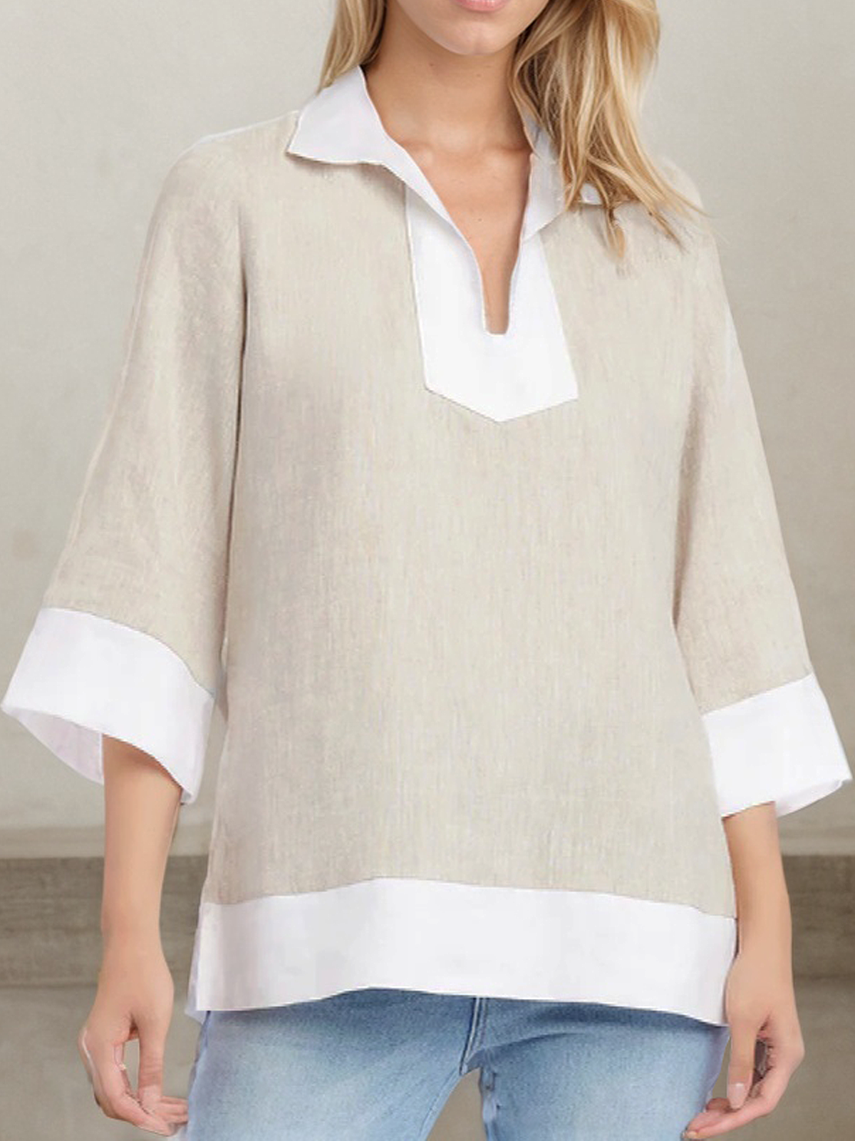 Linen Shirt Collar Color Block Three Quarter Sleeve Blouse