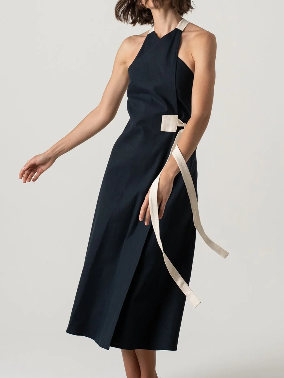 Linen Belt Design Sleeveless Midi Dress