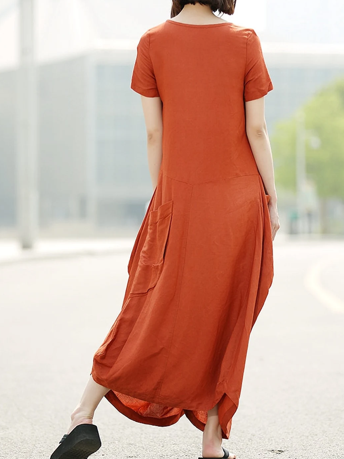 Cotton And Linen Crew Neck Plain Short Sleeve Maxi Dress