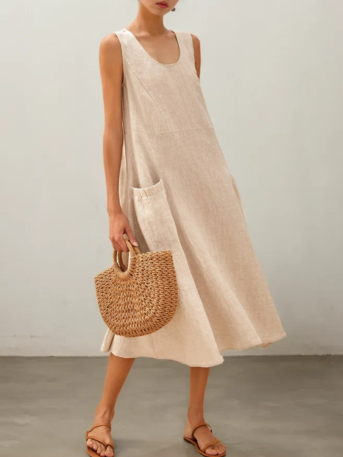 Cotton And Linen Crew Neck Plain Sleeveless Maxi Dress
