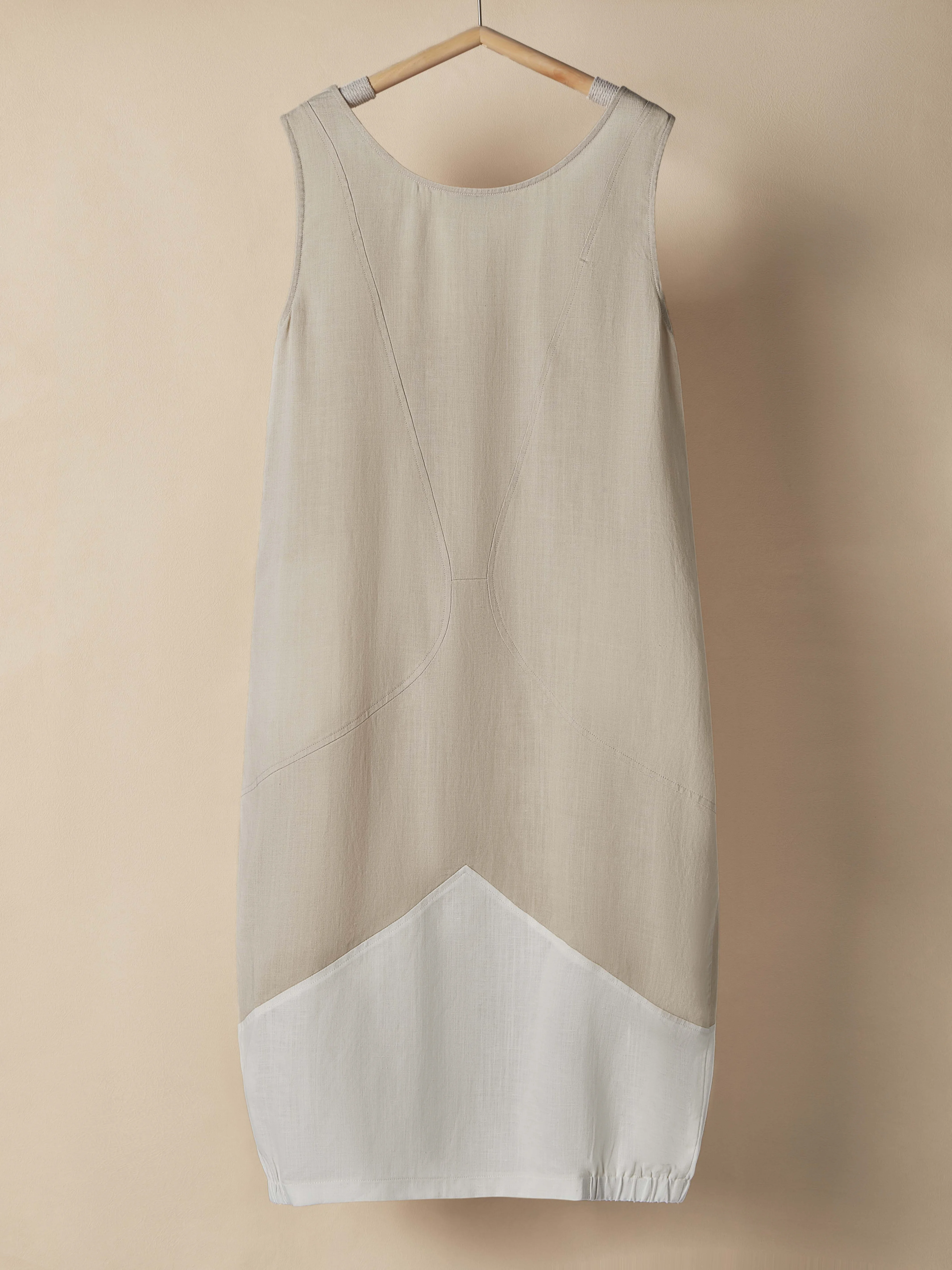 Linen-Cotton Geometric Patchwork Sleeveless Relaxed Fit Minimalist Natural Style Dress