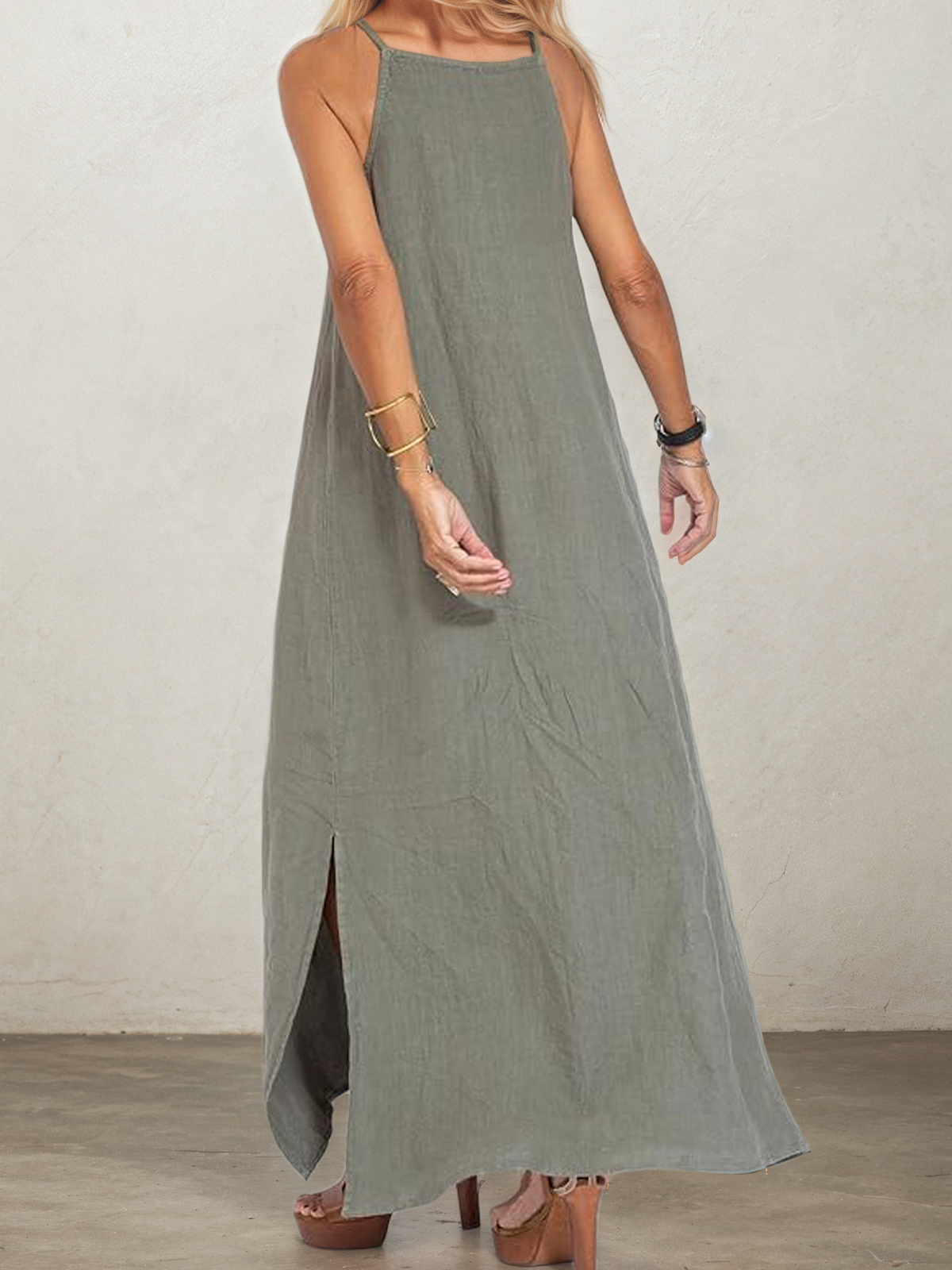 Linen Square Neck Plain Sleeveless Maxi Dress