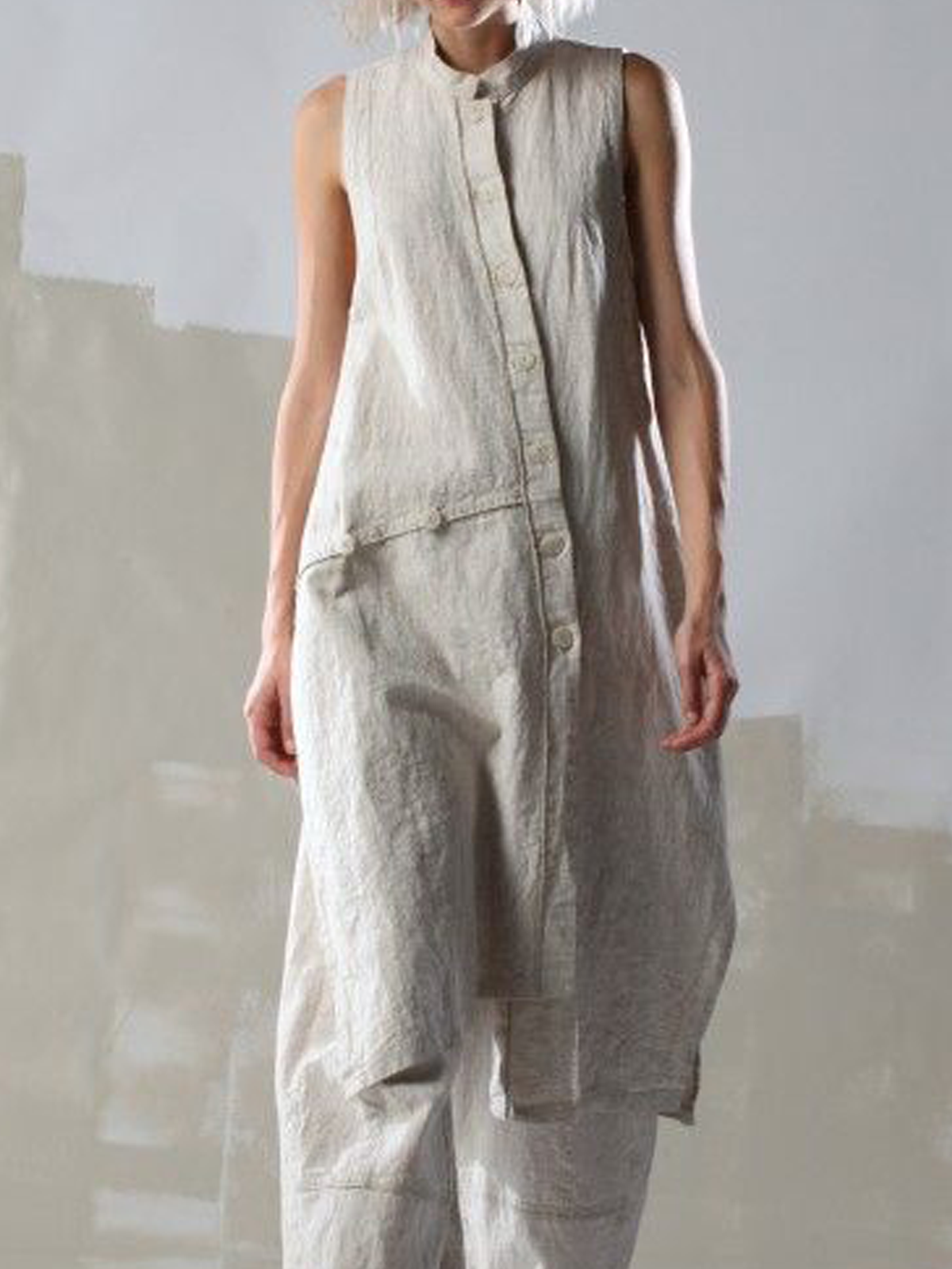 Cotton And Linen Stand Collar Button Design Sleeveless Midi Dress