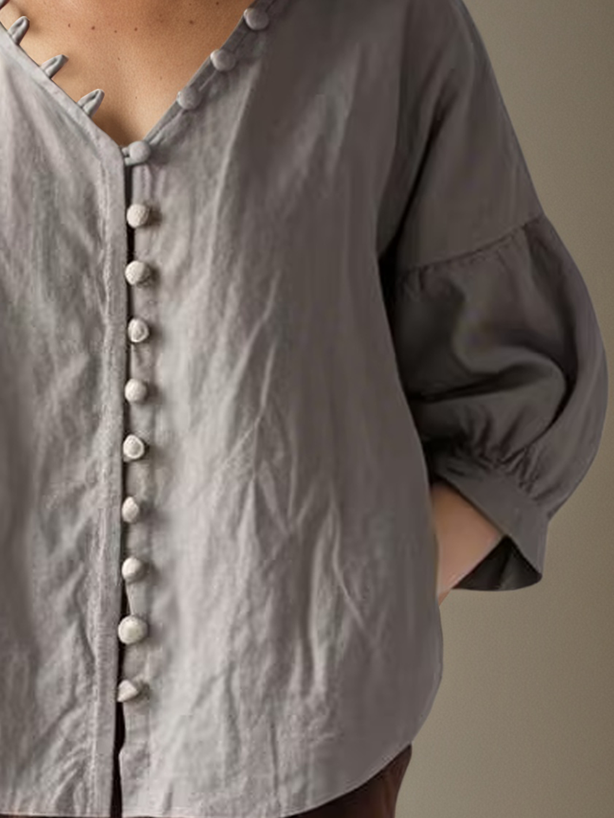 Linen V Neck Plain Half Sleeve Blouse