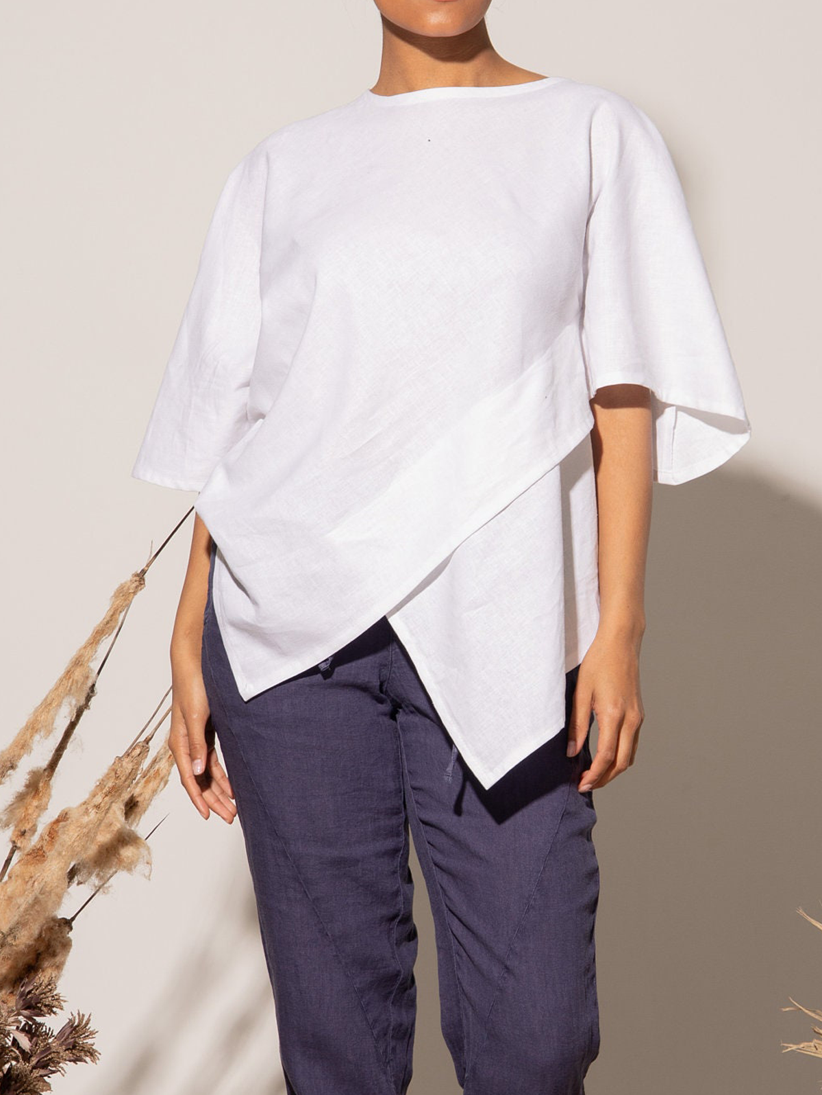 Cotton And Linen Crew Neck Irregular Hem Short Sleeve T-Shirt
