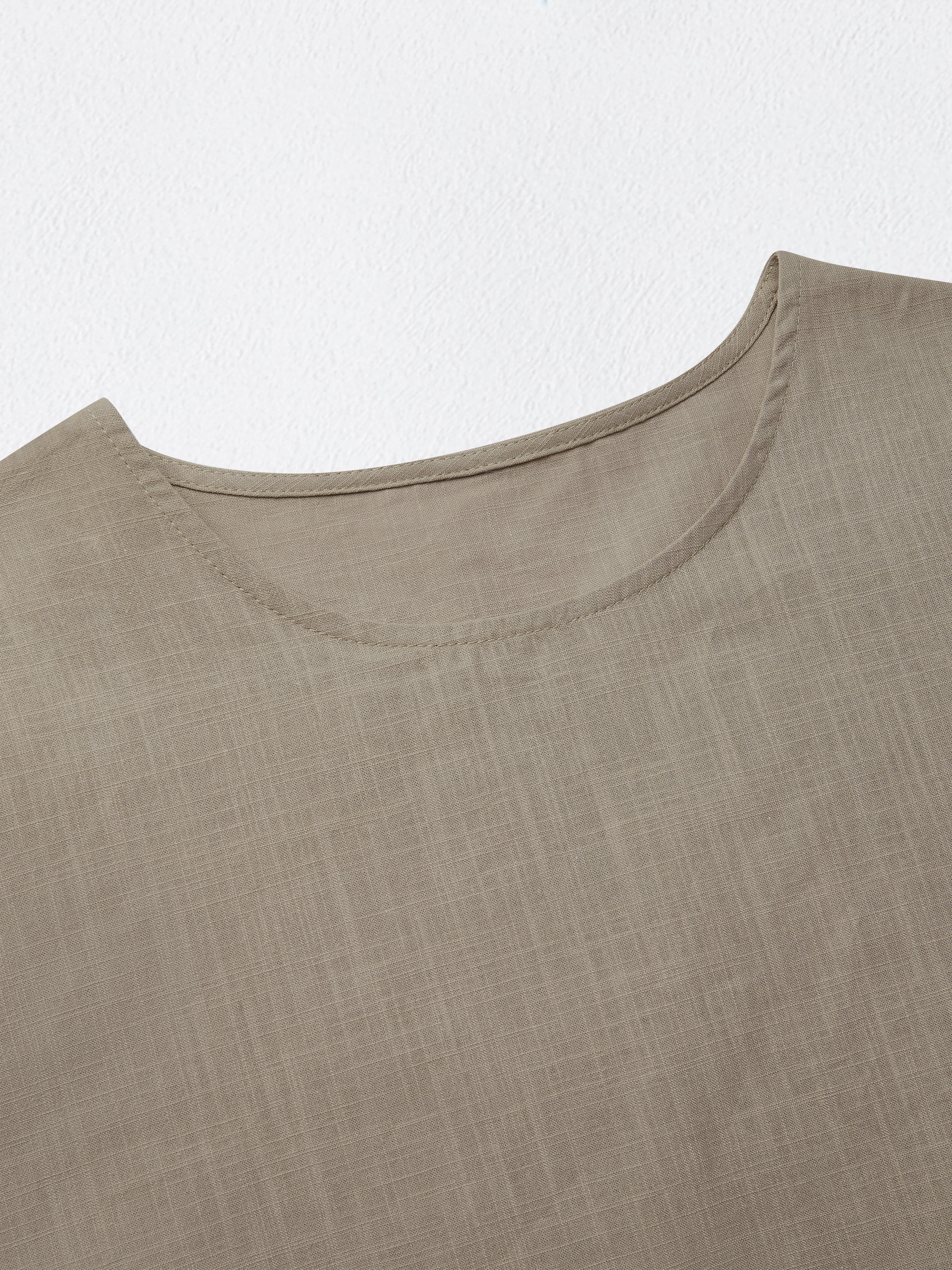 Cotton And Linen Crew Neck Plain Short Sleeve Blouse