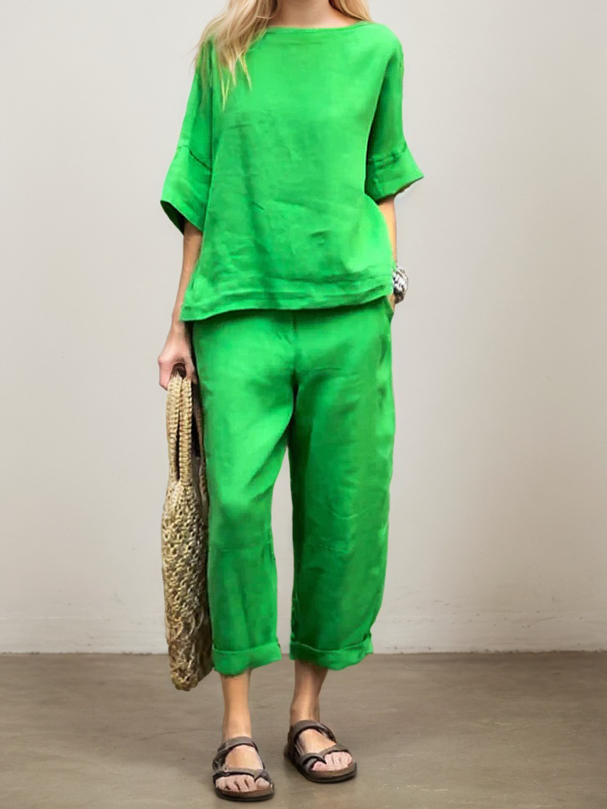 Linen Crew Neck Plain Half Sleeve Top With Pants Two-piece Set Linen Crew Neck Plain Half Sleeve Top With Pants Two-piece Set