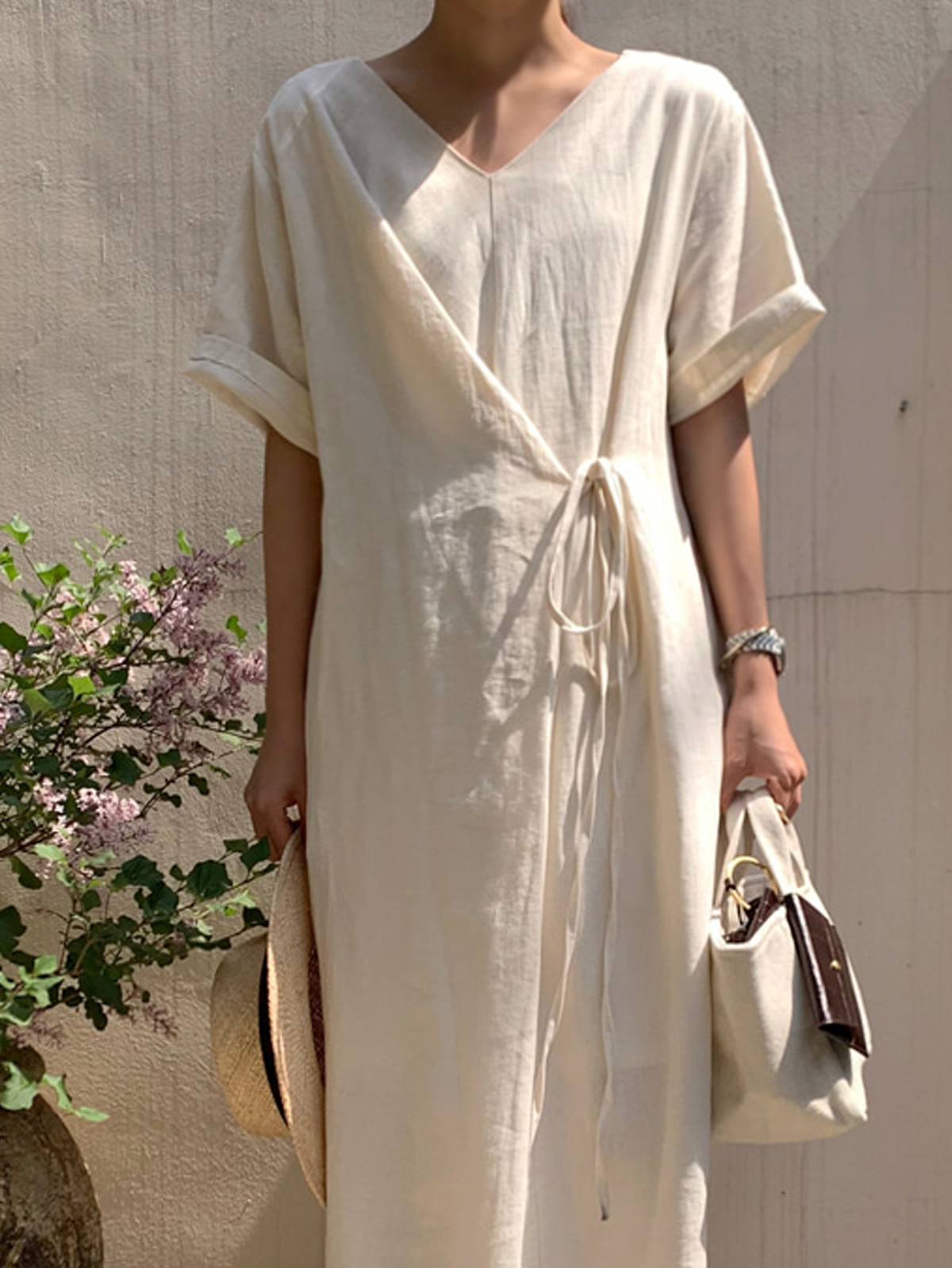 Cotton And Linen Crew Neck Plain Short Sleeve Maxi Dress