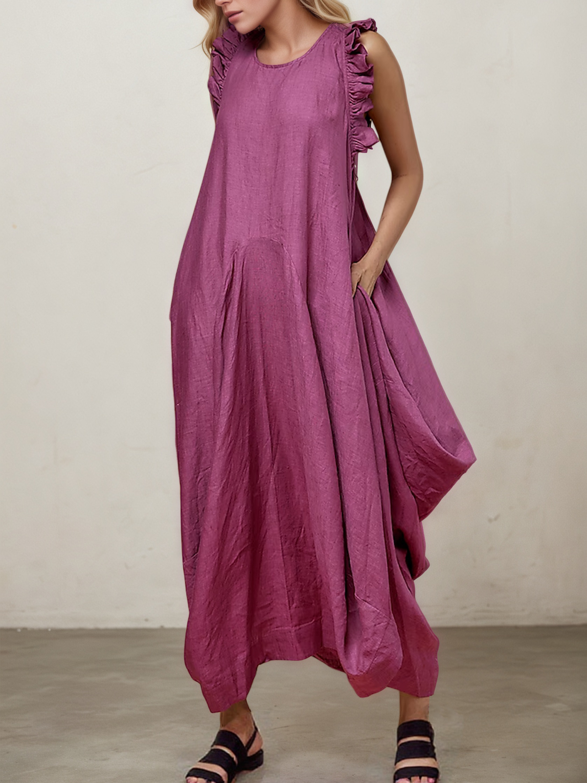 Linen Crew Neck Plain Sleeveless Maxi Dress