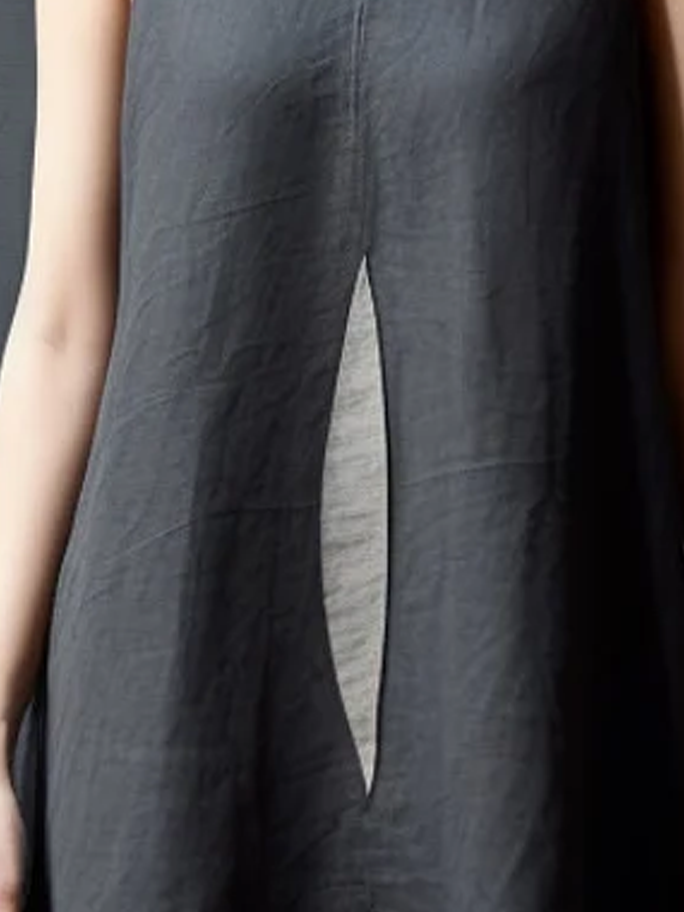 Cotton And Linen Crew Neck Plain Sleeveless Mini Dress