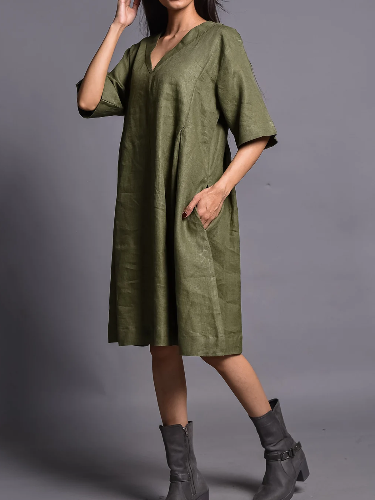 Cotton And Linen V Neck Plain Short Sleeve Mini Dress