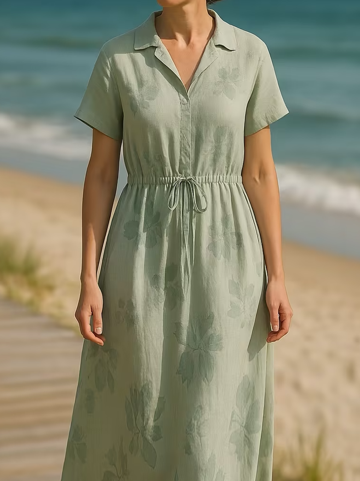 Linen Shirt Collar Floral Short Sleeve Maxi Dress