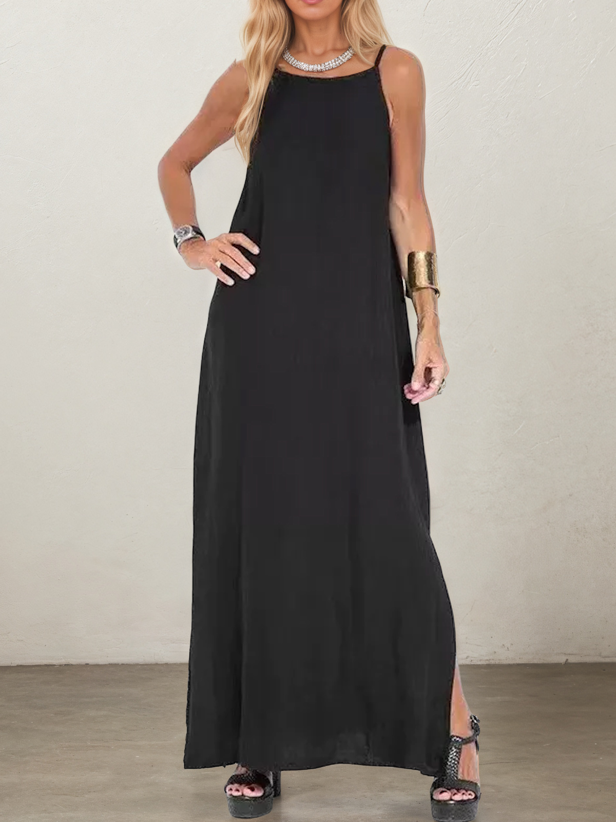 Linen Square Neck Plain Sleeveless Maxi Dress