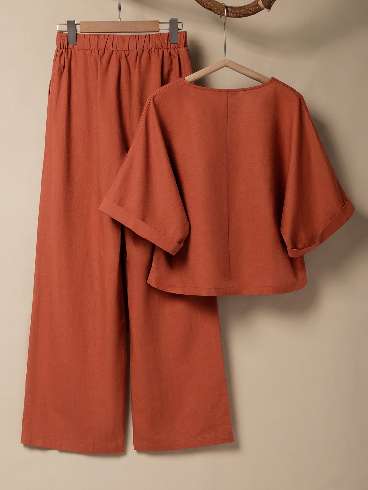 Cotton And Linen Crew Neck Plain Short Sleeve Top With Pants Two-piece Set Cotton And Linen Crew Neck Plain Short Sleeve Top With Pants Two-piece Set