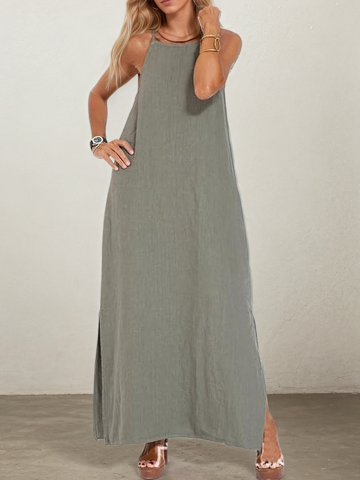 Linen Square Neck Plain Sleeveless Maxi Dress