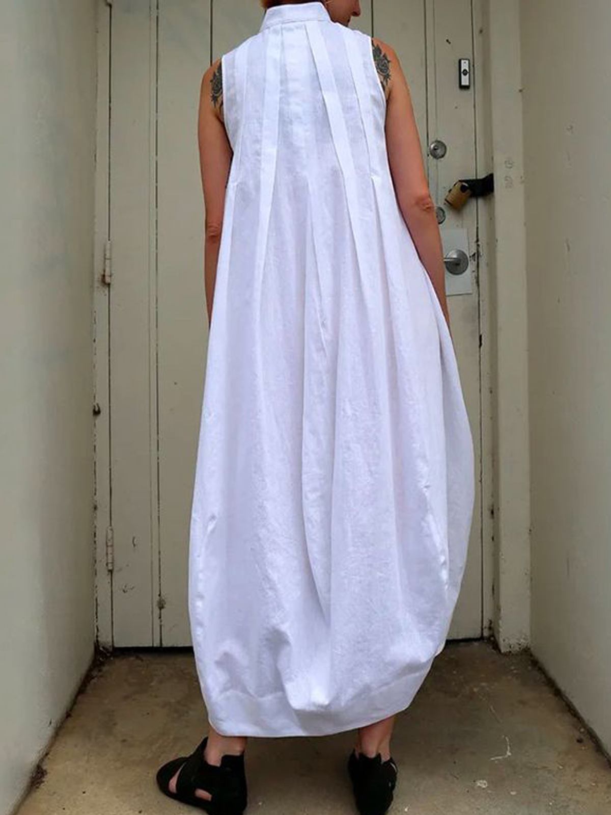 Cotton And Linen Stand Collar Pleats Sleeveless Maxi Dress