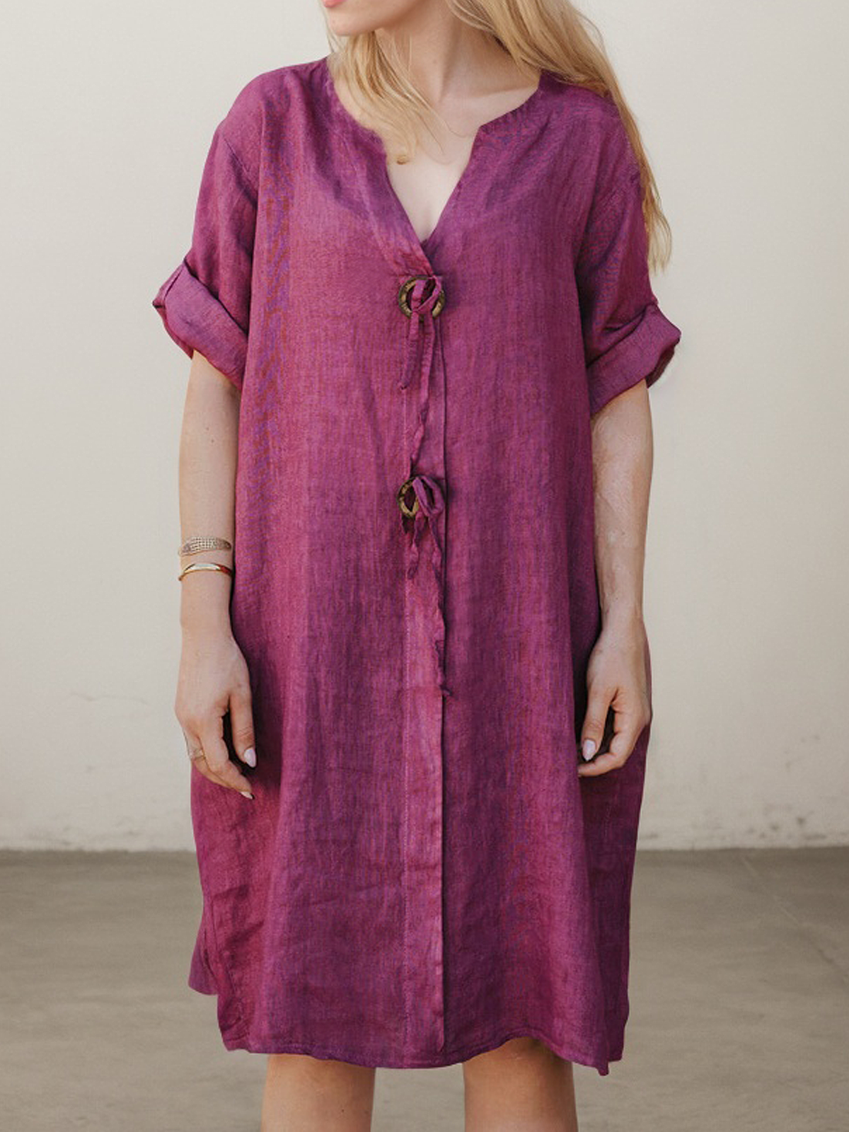 Linen Crew Neck Plain Half Sleeve Mini Dress