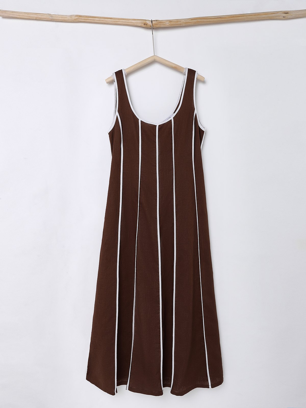 Cotton And Linen Crew Neck Striped Sleeveless Maxi Dress