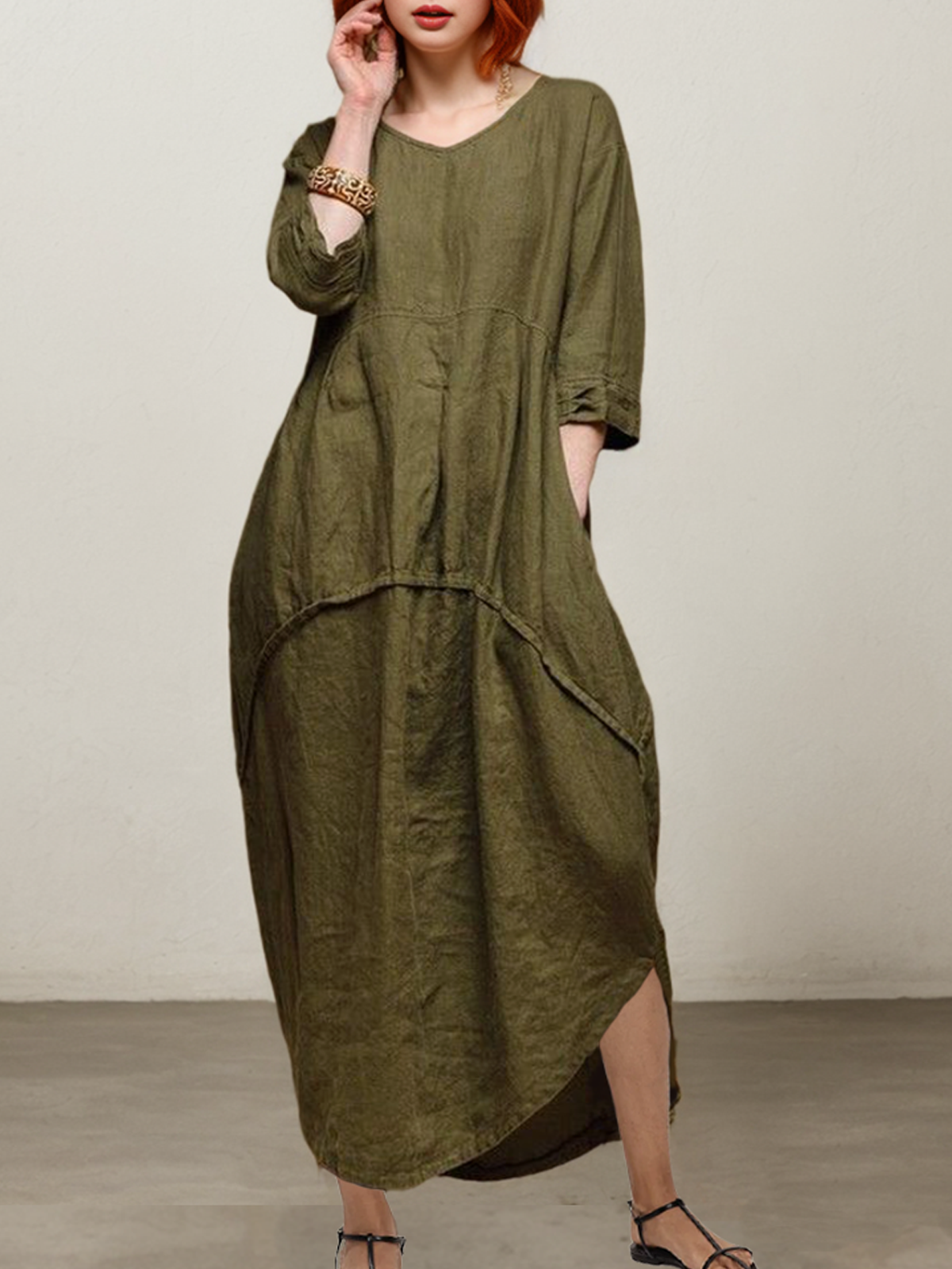 Linen-Cotton Crew Neck Plain Long Sleeve Maxi Dress
