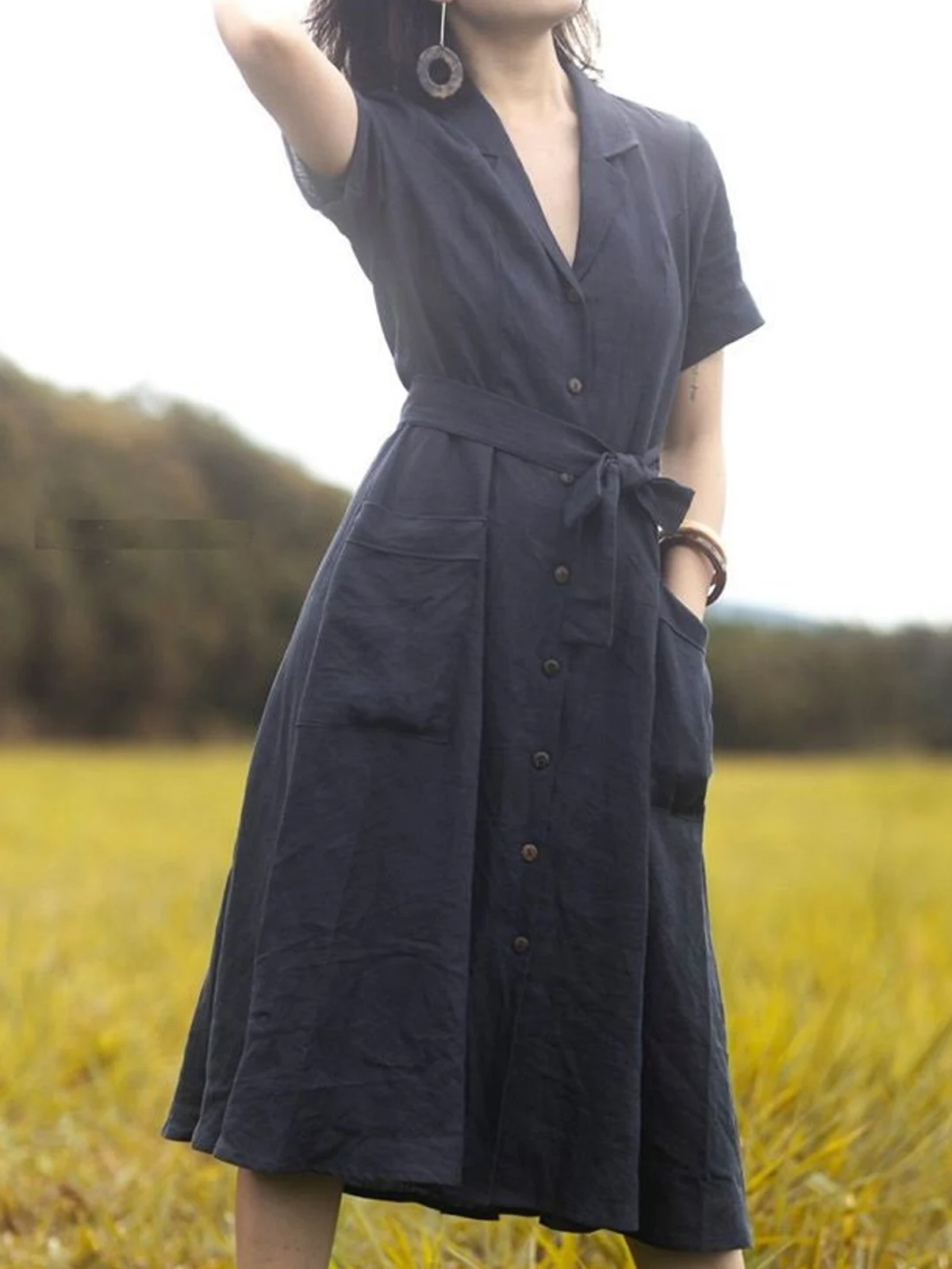 Cotton And Linen Camp Collar Plain Short Sleeve Maxi Dress Cotton And Linen Camp Collar Plain Short Sleeve Maxi Dress