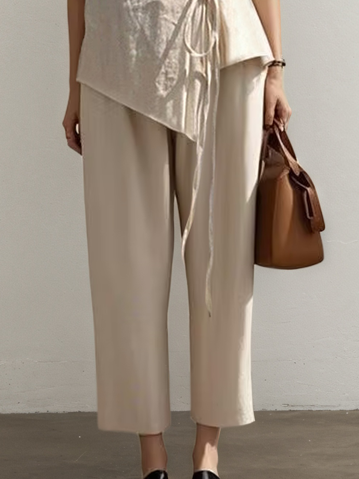 Linen V Neck Plain Short Sleeve Top With Pants Two-piece Set Linen V Neck Plain Short Sleeve Top With Pants Two-piece Set