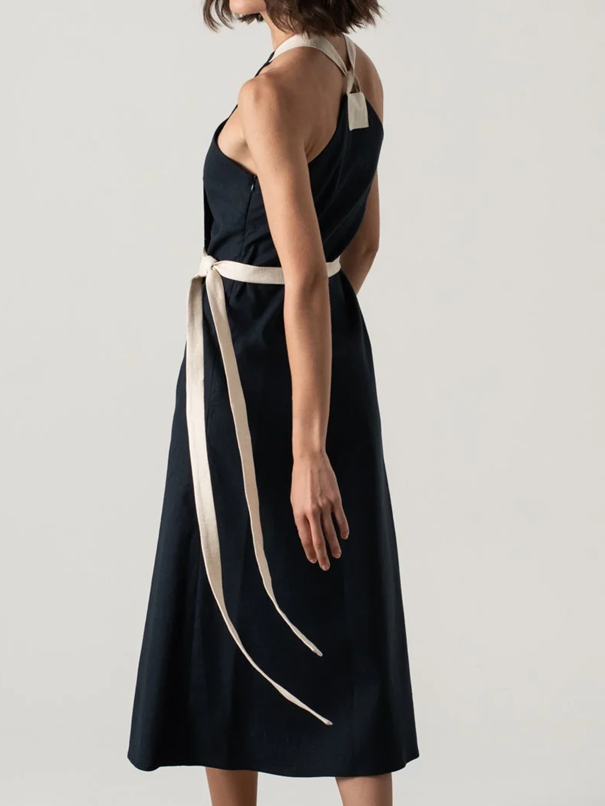 Linen Belt Design Sleeveless Midi Dress
