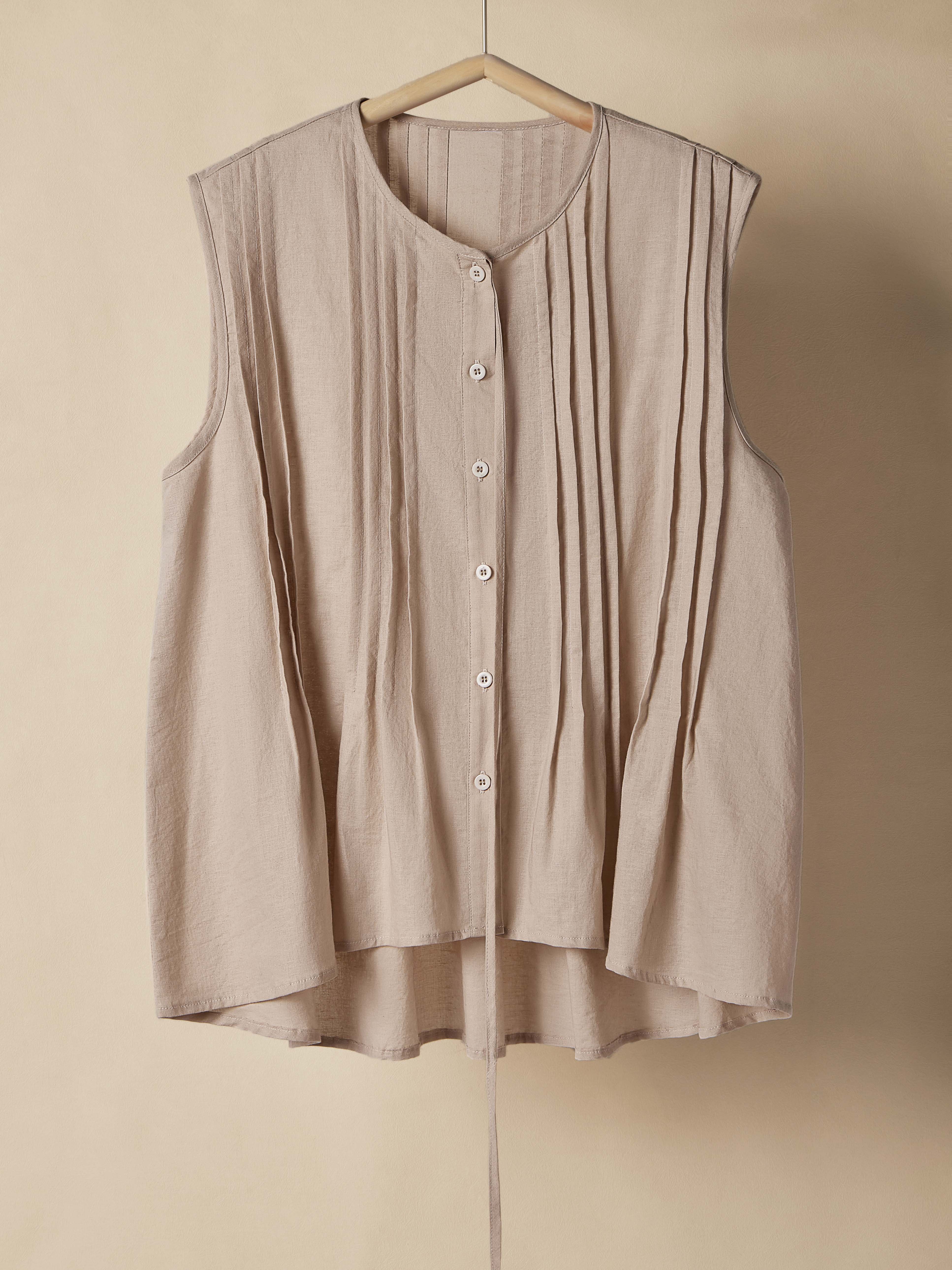 Cotton And Linen Crew Neck Button Design Pleats Sleeveless Tank Top