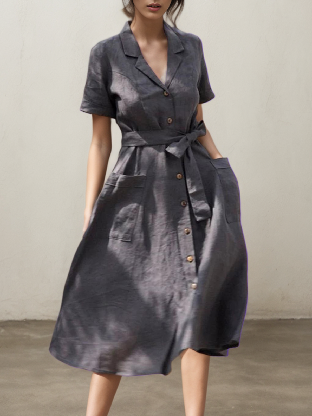 Cotton And Linen Camp Collar Plain Short Sleeve Maxi Dress Cotton And Linen Camp Collar Plain Short Sleeve Maxi Dress