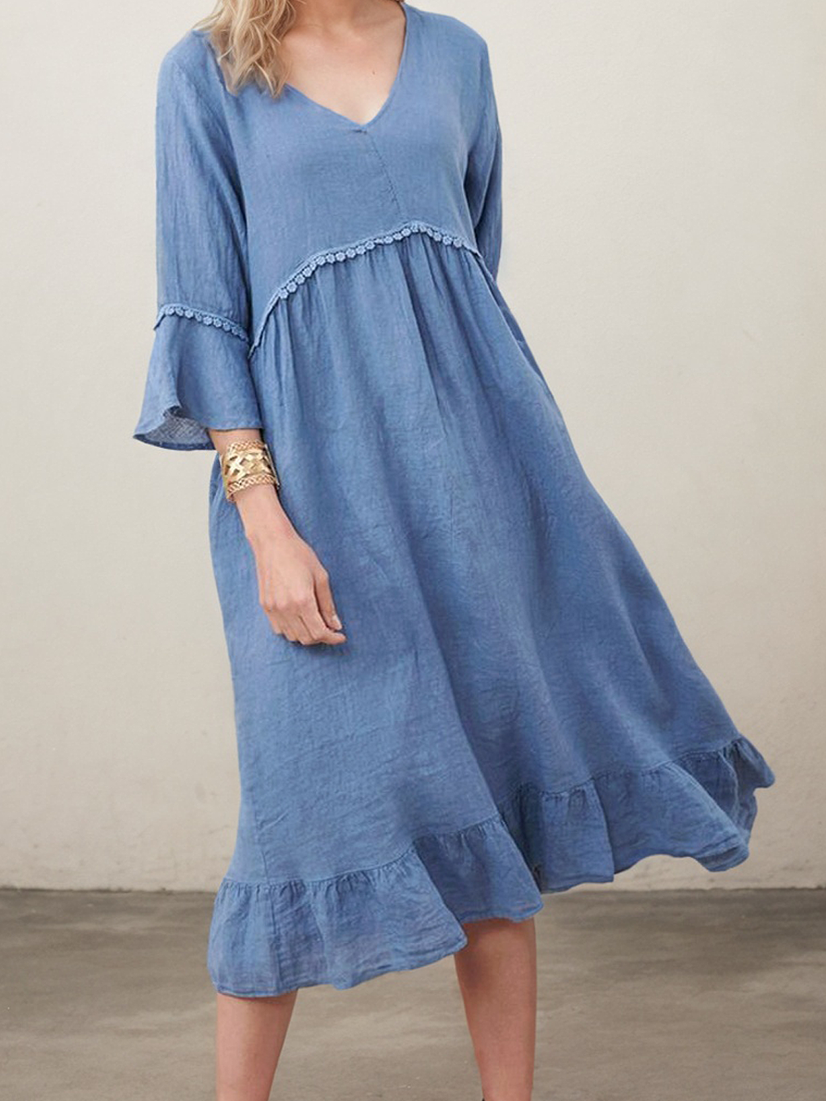 Linen V Neck Plain Short Sleeve Midi Dress