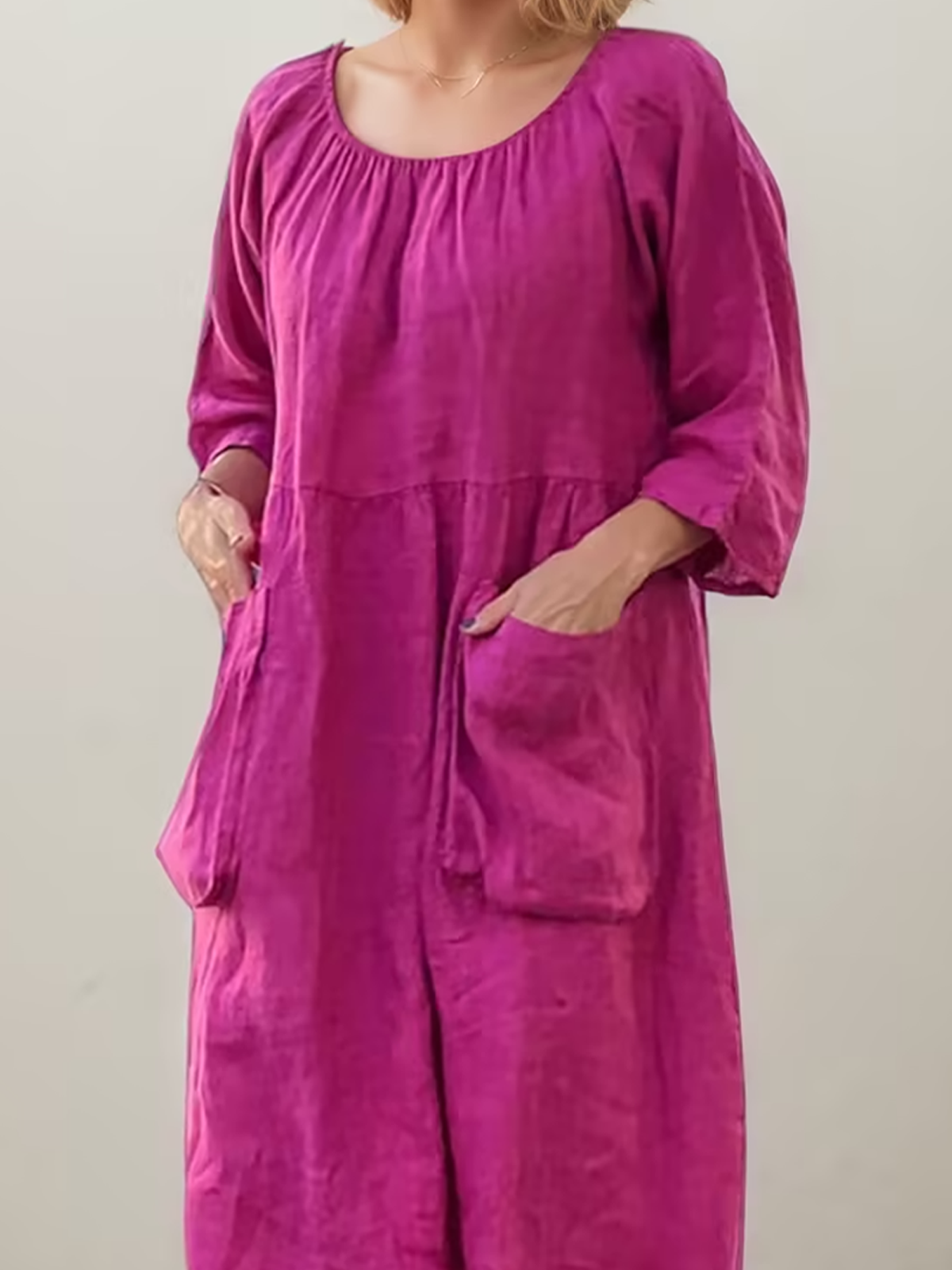 Linen Crew Neck Plain Three Quarter Sleeve Maxi Dress