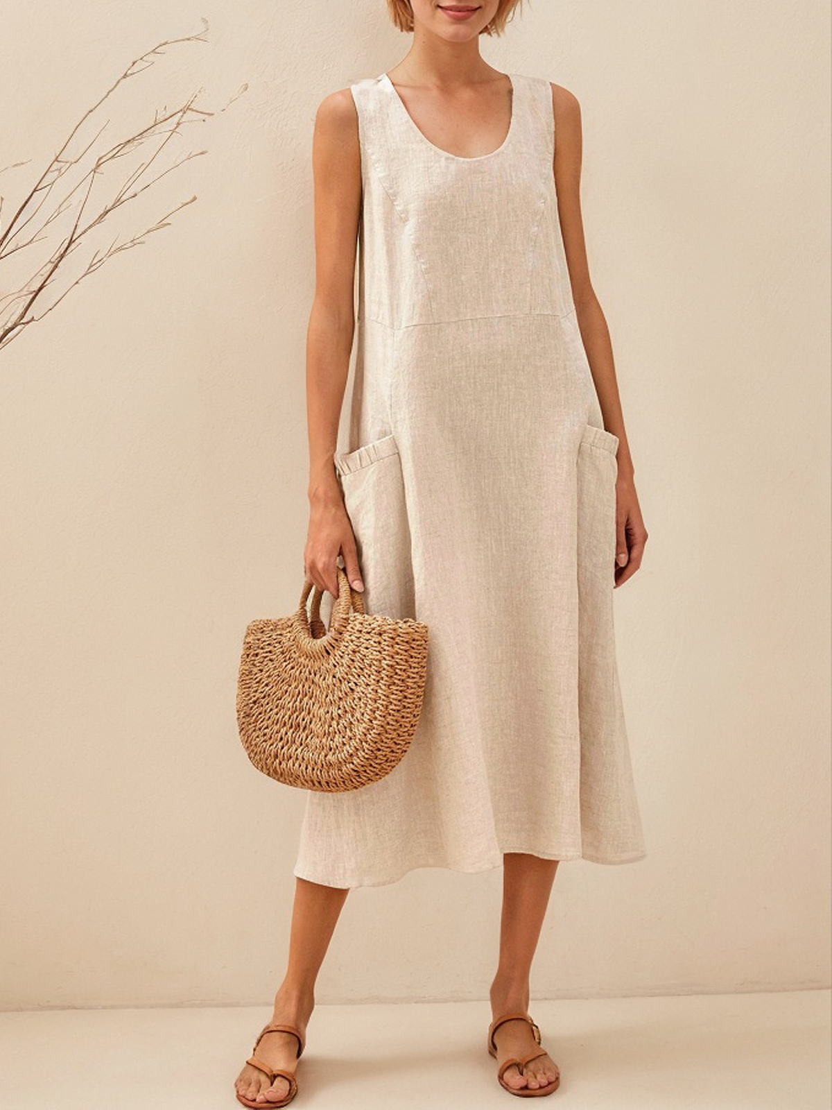 Cotton And Linen Crew Neck Plain Sleeveless Maxi Dress