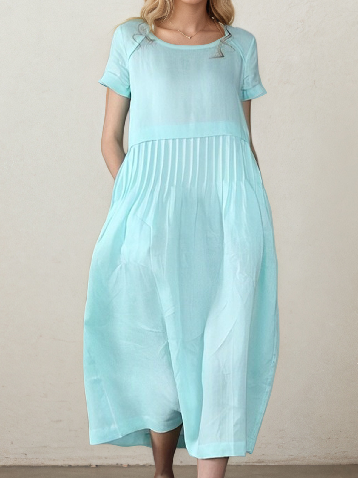 Linen Crew Neck Plain Short Sleeve Midi Dress