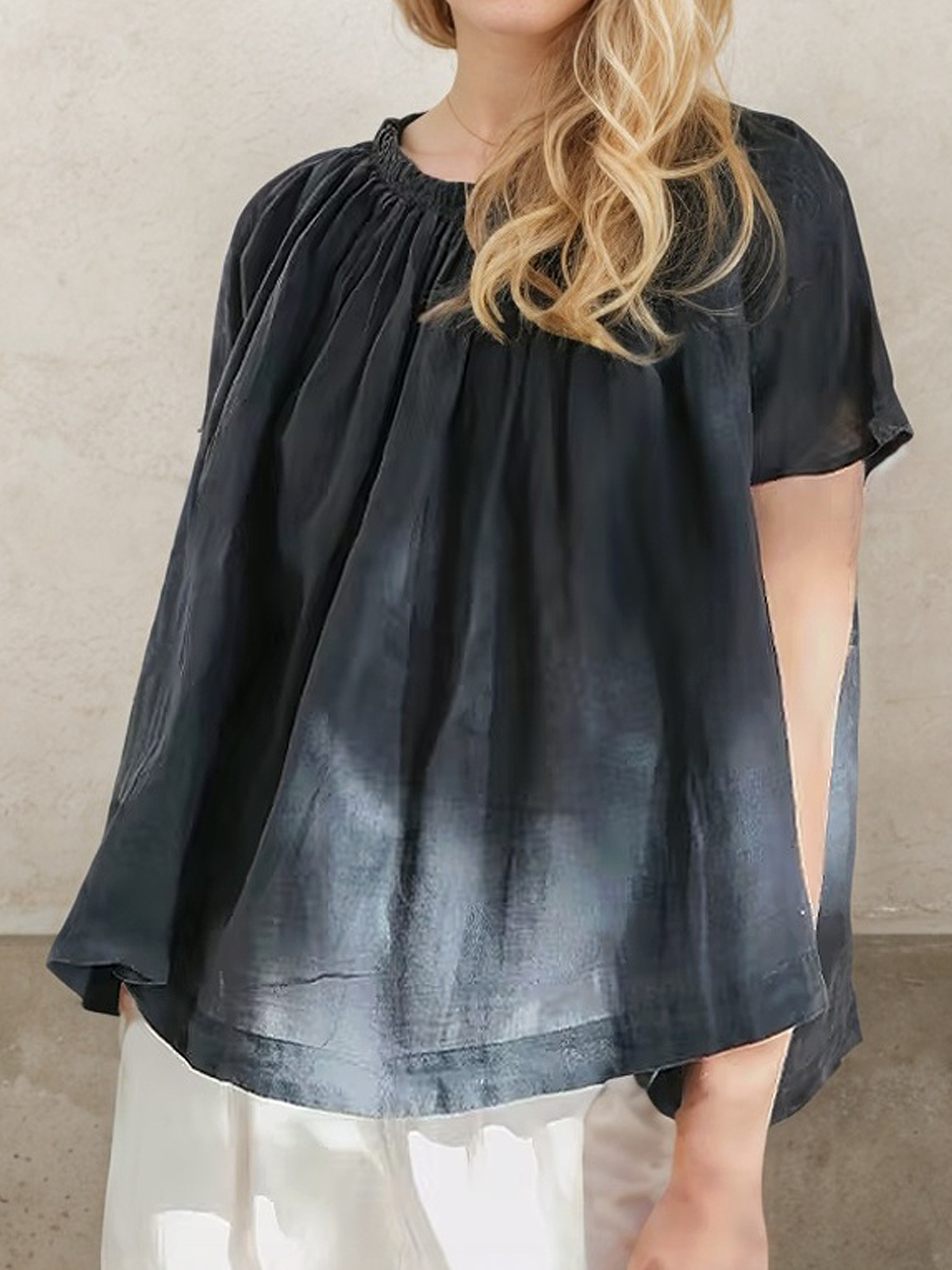 Linen Crew Neck Plain Short Sleeve Blouse