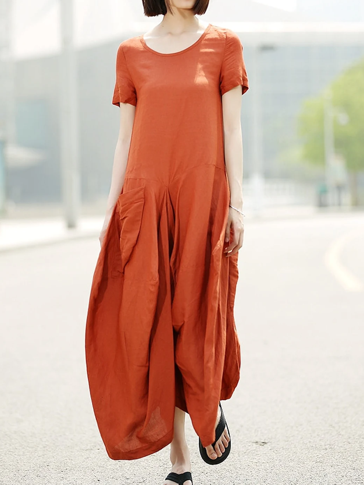 Cotton And Linen Crew Neck Plain Short Sleeve Maxi Dress