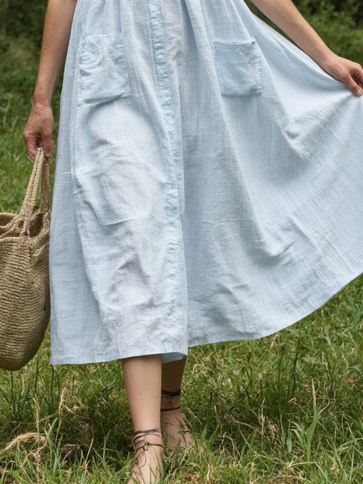 Linen Stand Collar Plain Sleeveless Midi Dress